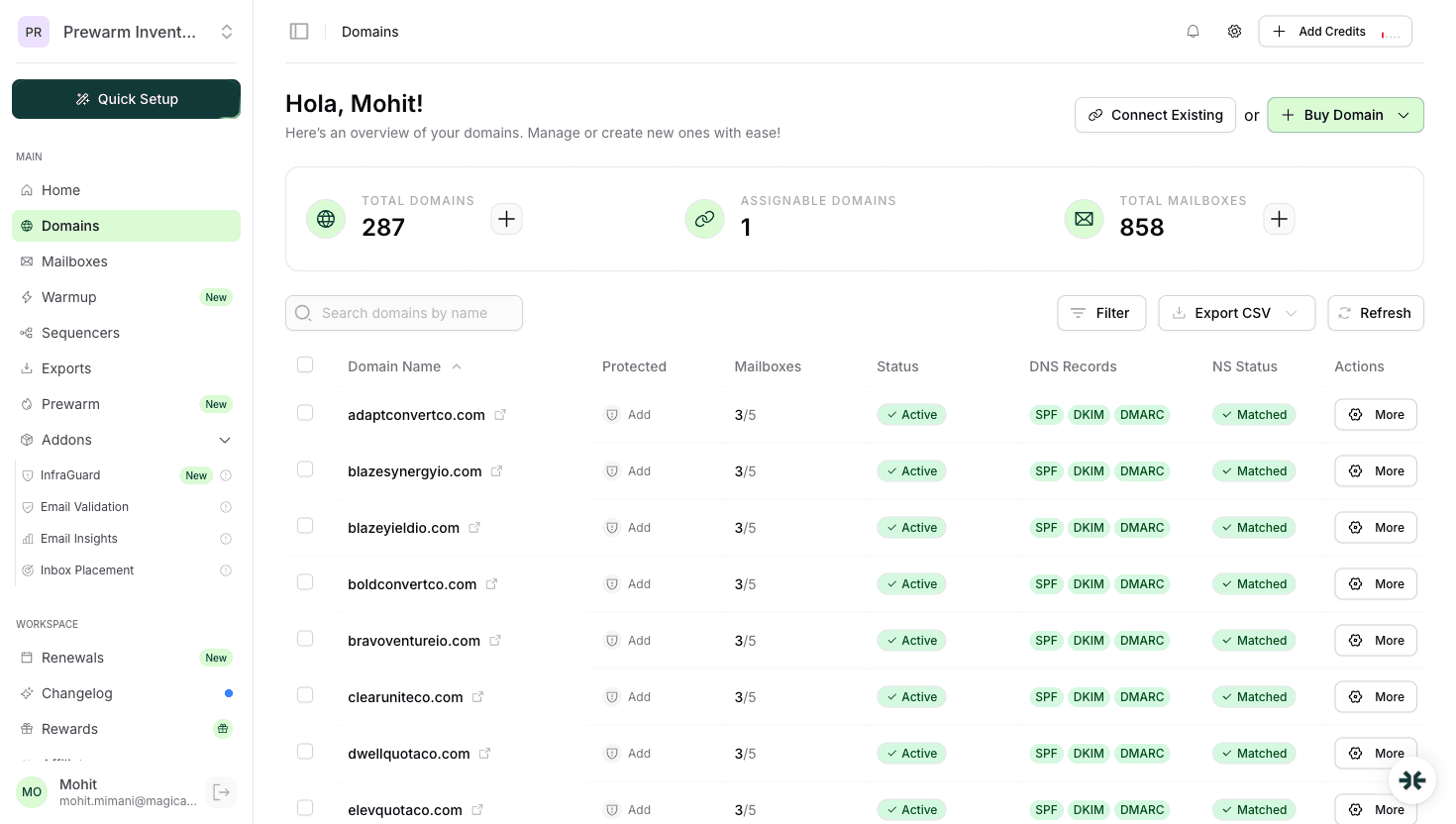 InboxKit domain management showing SPF status per domain