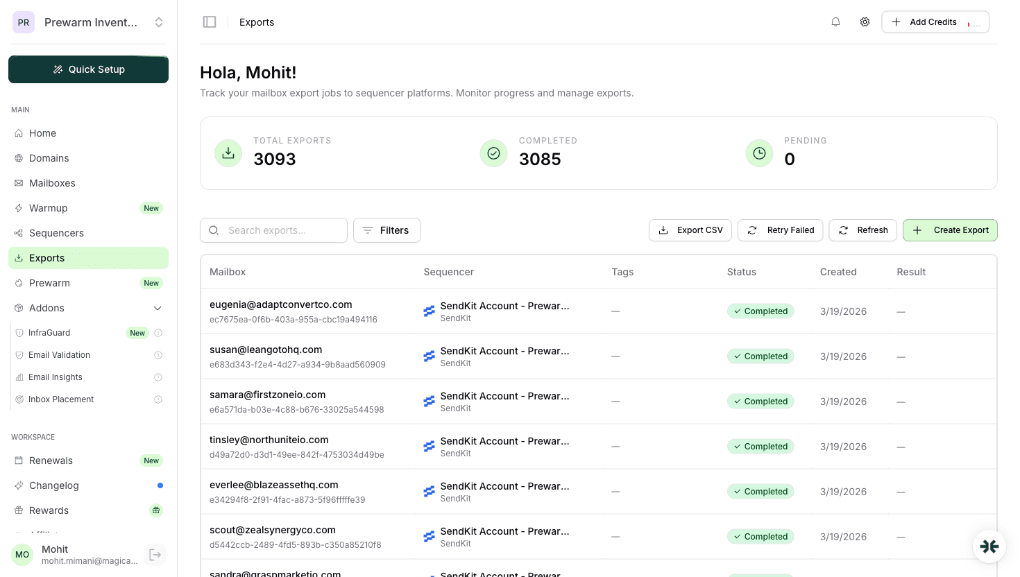 InboxKit mailbox exports to SendKit with status tracking